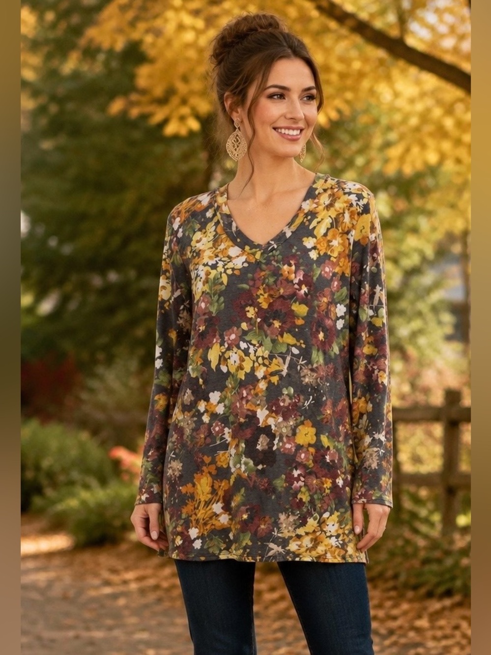 Giddy Up Glamour Medium Floral V-Neck Tunic Top Long Sleeve Boho
